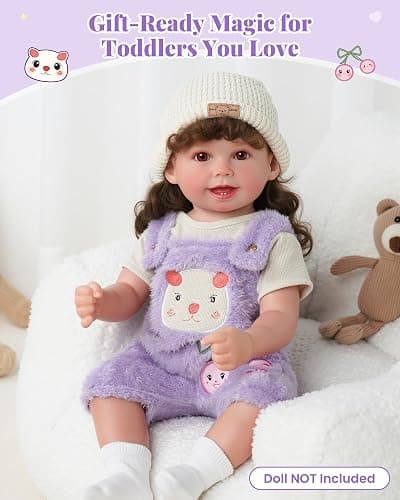 BABESIDE 4-Piece Baby Doll Clothes for 17-20 Inch Dolls, Purple Bear Outfit | Purple Bear Doll Outfit with Striped Top, Overalls, Bear-Ear Hat and Socks for Dress-Up and Pretend Play thumbnail 6