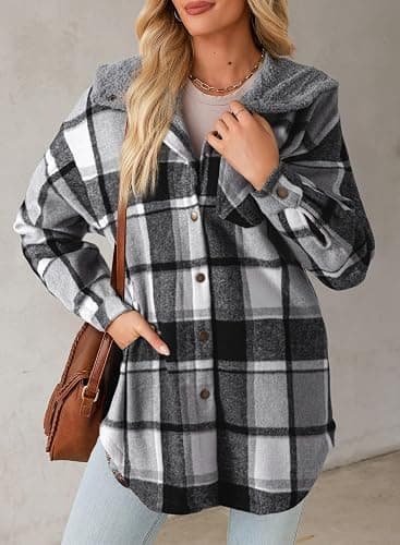 Dokotoo Women's Flannel Hooded Plaid 2025 Shacket Thick Coat Winter Coat for Warmth Button down Warm and Fuzzy Fleece Jacket thumbnail 2