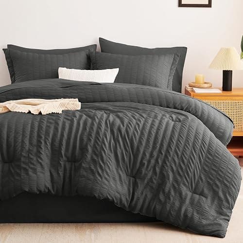 CozyLux Full Size Comforter Sets with Sheets Seersucker 7 Pieces Dark Grey Bed in a Bag Textured Luxury Soft Bedding Set with Down Alternative Comforter, Sheets, Pillowcases & Shams for All Seasons thumbnail 4