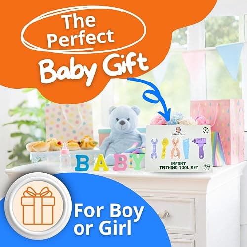 LaNoah Toys Infant Teething Tools Set: Includes 2 Clips! Soft BPA Free Teething Toys, 5 Piece Construction Set, Baby Boy Essentials Einstein, Gift for Infant Toddler Boy Girl thumbnail 8