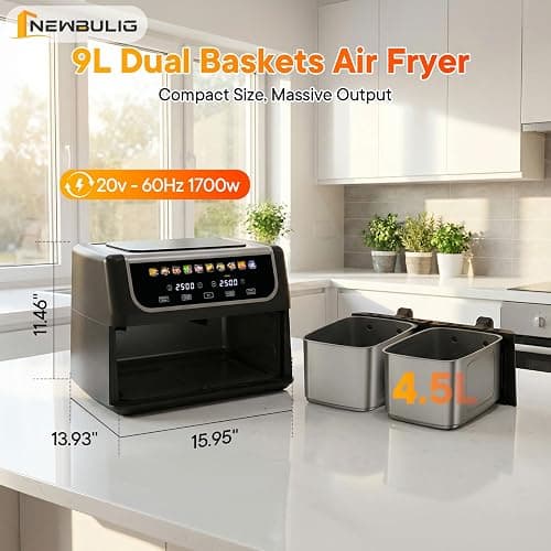 NEWBULIG Dual Air Fryer with 2 Baskets 9.5 QT, 10 in 1 Large Air Fryers with Ceramic Crisper Plate, Match Cook, Sync Finish, Shake Reminder, 80-450°F Wide Temp, Roast, Defrost, Dehydrate, Bake, Black thumbnail 3