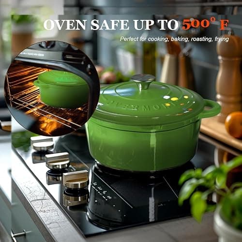 Overmont Enameled Cast Iron Dutch Oven - 5.5QT Pot with Lid Cookbook & Cotton Potholders - Heavy-Duty Cookware for Braising, Stews, Roasting, Bread Baking Green thumbnail 5