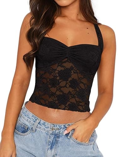 REORIA Lace Tops for Women Halter Sexy Going Out Tank Crop Y2K Fashion Top 2025 Trendy - Medium - Black