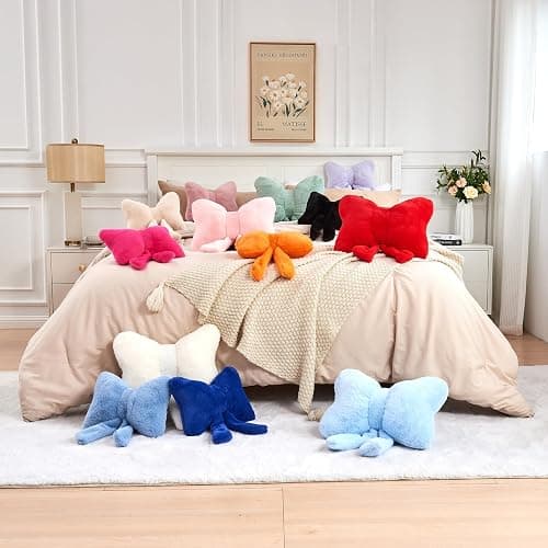 XVTRU Pink Bow Pillow, Soft Bow Decorative Pillows with Faux Rabbit Fur, Cute 12" Bow Throw Pillows, Aesthetic Home Decor Bow Shaped Plush Pillow for Bedroom Sofa Couch thumbnail 7
