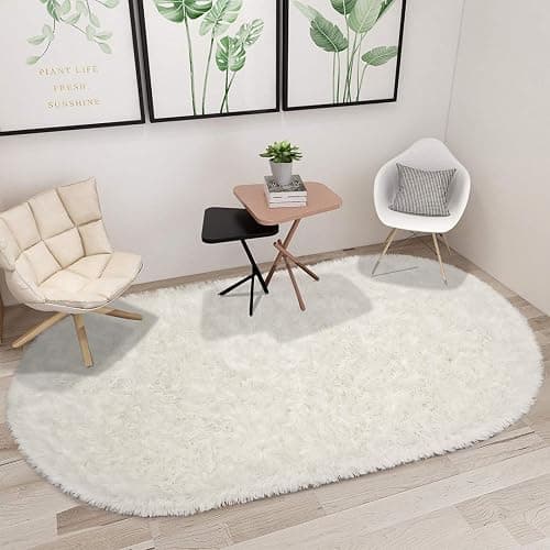 junovo Washable, Non-Slip Area Rug,Oval Fluffy Ultra Soft Area Rugs for Bedroom Plush Shaggy Carpet for Kids Room Bedside Nursery Mats, 2.6 x 5.3ft, Creamy thumbnail 2