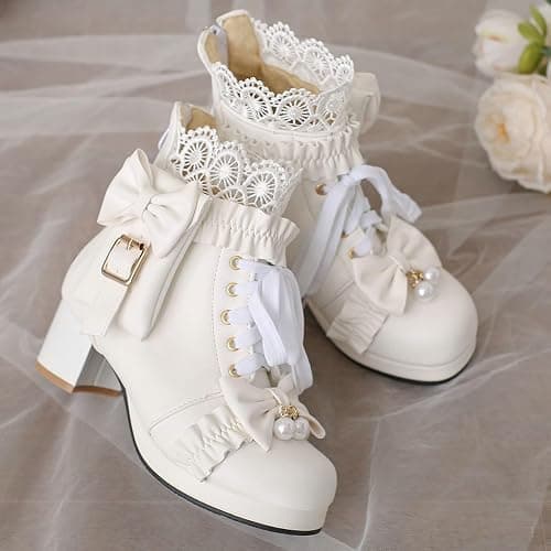LUXMAX Women Chunky Heel Lace Up Booties Lolita Kawaii Shoes Block Heel Cute Ankle Boots Sweet Lace Boots with Bow thumbnail 4