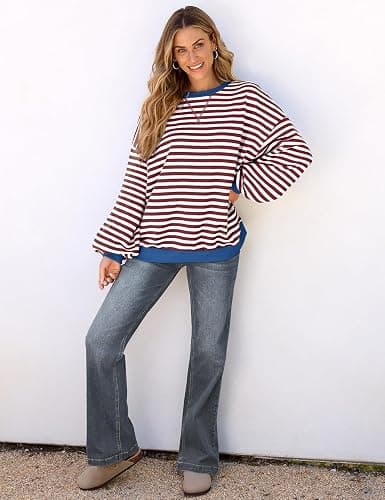 UEU Women Oversized Striped Crewneck Sweatshirt Long Sleeve Color Block Pullover Tops Casual Loose Workout Shirt thumbnail 4