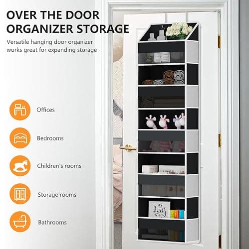 Over Door Organizer - Over The Door Storage Organizer with 5 Large Pockets & 10 Mesh Side Compartments - Heavy-Duty Hanging Storage for Bathroom, Bedroom & Nursery - Room Organizer Solution - Black thumbnail 9