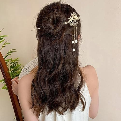 2Packs Lily of the Valley Chinese Hair Sticks for Buns, Pearl Flower Vintage Metal Hair Chopsticks for Women and Girls Dangle Tassel Pendant Hair Accessories Hanfu Handmade Decor Hairpin (beige) thumbnail 5