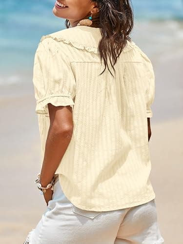 Tankaneo Womens Peter Pan Collar Shirts Puff Sleeve Button Down Cotton Blouse Casual Summer Textured Tops thumbnail 5