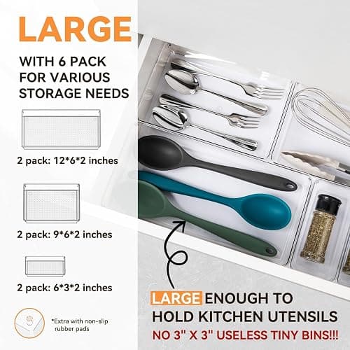 6 Pack Large Clear Plastic Drawer Organizer Trays, Acrylic Kitchen Drawer Organization and Storage Dividers, Non-Slip Storage Bins for Makeup, Kitchen Utensils, Bathroom, Jewelries and Office Desk - 6 Pack - Clear thumbnail 2