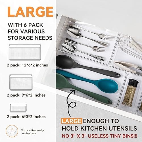 6 Pack Large Clear Plastic Drawer Organizer Trays, Acrylic Kitchen Drawer Organization and Storage Dividers, Non-Slip Storage Bins for Makeup, Kitchen Utensils, Bathroom, Jewelries and Office Desk - 6 Pack - Clear thumbnail 2