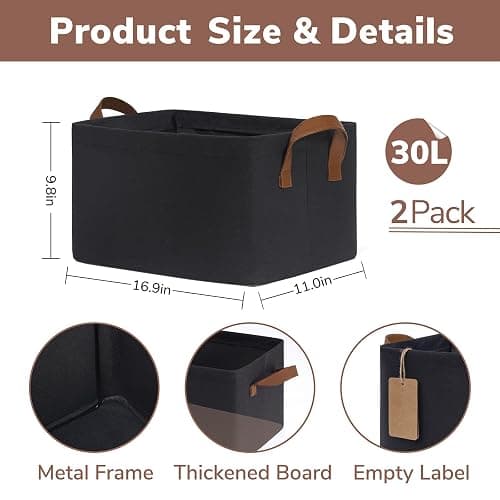 Goodpick Large Fabric Storage Baskets for Shelves, Storage Bins for Organizing, Cloth Baskets for Organizing, Black Storage Basket , 16.75" L x 11" W x 9.75" H, 2-Pack thumbnail 3