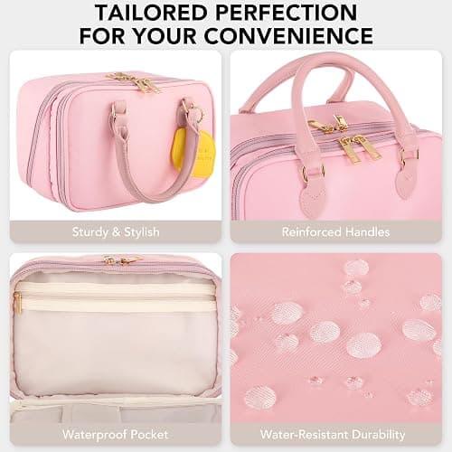 Travel Makeup Bag for Women Fashion Large Capacity Pouch Open Flat Cosmetic Portable Organizer Waterproof Large Opening Storage Toiletry Bags Vertical Free-Standing Brush Holder for Easy Access Pink thumbnail 5
