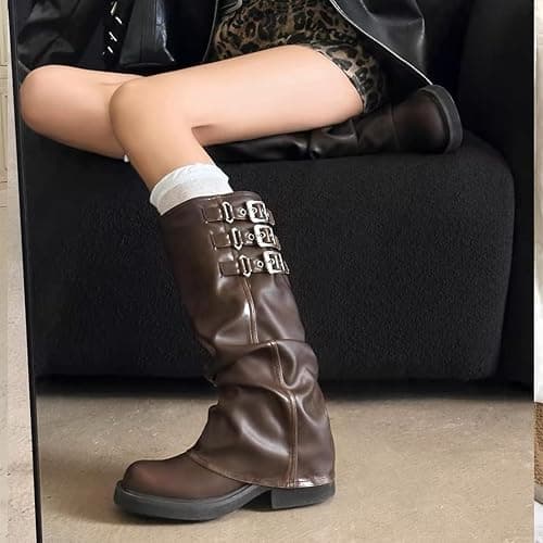MAVMAX Women Slouchy Knee High Boots Casual Round Toe Pull On Riding Biker Boots Fold Over Chunky Low Heel Platform Boot thumbnail 3