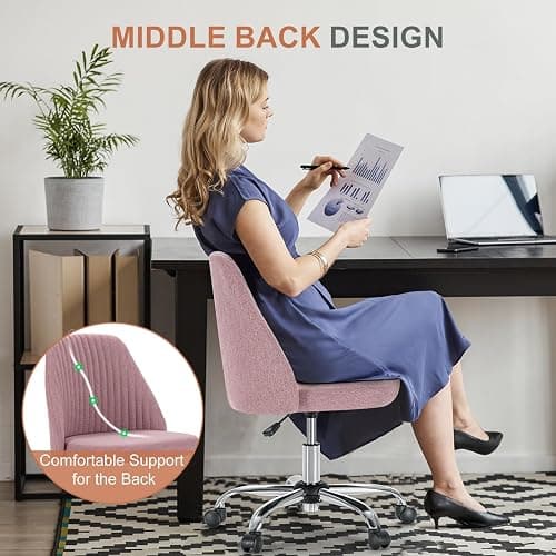 DUMOS Office Desk Chair, Modern Cute Rolling Vanity Swivel Task Seating with Wheels, Comfortable Back Seat Armless for Home, Bedrooms, Study, Student, Adults, Make-Up, Dressing Room Pastel Pink - Pastel Pink thumbnail 6