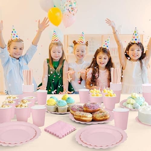 125 Pcs Pink Paper Plates and Napkins, Light Pink Party Supplies Include Scalloped Plate Napkins Cups Paper Straws for Baby Shower, Wedding, Birthday thumbnail 7