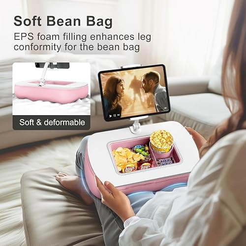 ERGONOV Lap Beanbag Tablet Pillow Stand with Snack Bowl and 360° Rotating Arm, Adjustable iPad Holder for Bed, Couch, and Recliner, Compatible with 4.7"-13" Kindle, iPad, Tablet, Phone,Pink thumbnail 3