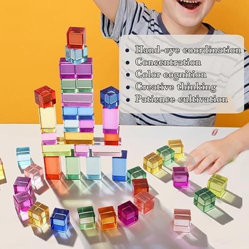 30 Pcs Mixed Acrylic Blocks Set - 10 Long (2.5x2.5x5CM) + 20 Cube (2.5x2.5x2.5CM) Rainbow Gem Blocks, Sensory Stacking Toy for 1 2 3 4 Years Old, Boys Girls Gift with Rich Building Possibilities thumbnail 5