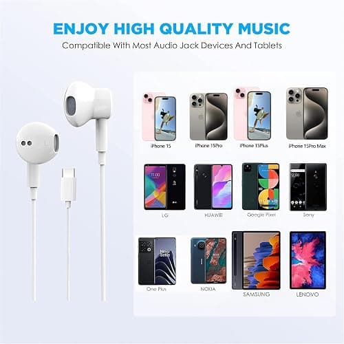 2 Packs USB C Headphones for iPhone 16/15 Earbuds with Microphone & Volume Control HiFi Stereo Type C Earphones for Galaxy S23/S22/S21/S20/Ultra Note 10/20, for iPad Pro Pixel 7/6/6a/5/4 OnePlus 9 8 - White thumbnail 6