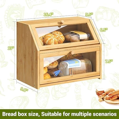 BMOSU Farmhouse Bread Box for Kitchen Countertop Bread box Double Layer Bamboo Wooden Extra Large Capacity Bin Kitchen Food Storage Container(Natural) thumbnail 2