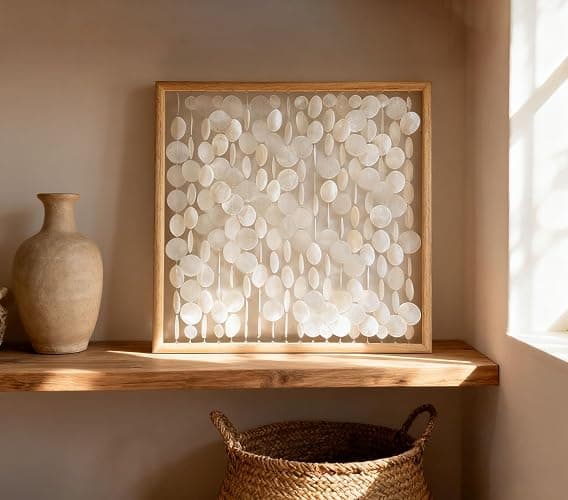 Bergamot 3D Handmade 24"x24" Capiz Shell Wall Hanging Decor, Solid Wooden Framed Coastal Wall Decor, Minimalist White Sea Shell Art for Living Room, Bedroom, Office thumbnail 8