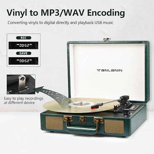 Vintage 3-Speed Bluetooth Portable USB Suitcase Record Player with Built-in Speakers | Upgraded Vinyl Turntable Audio Sound| Includes Extra Stylus & Mat | Green thumbnail 7
