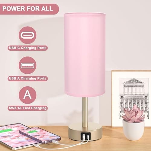Small Table Lamp for Bedrooms - Bedside Lamps for Nightstands, Minimalist Night Stand Light with round fabric shade, Desk Reading Lamps for Children's room, Living room, Offices,Dorm (Pink and Gold) thumbnail 3
