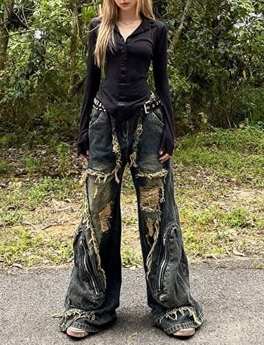 Y2k Retro Niche Baggy deconstruction Tassel Ripped Jeans Men's and Women's Large Pocket Design Sense Work Pants thumbnail 2