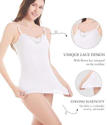 Womens Tank Top Camisoles with Premium Cotton Italian Design - Trimmed with Flower Lace on Neckline thumbnail 2