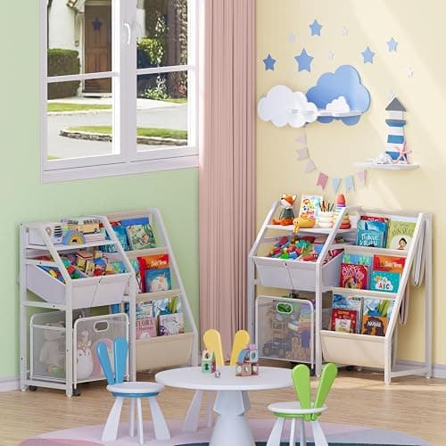 LATIBELL Kids Bookshelf Toy Storage Organizer & 2 Bins，3 Tier White | Kids Bookcase Equipped With Movable Drawer And 2 Toy Bins, Storage Organizer For Bedroom, Playroom And Classroom thumbnail 9