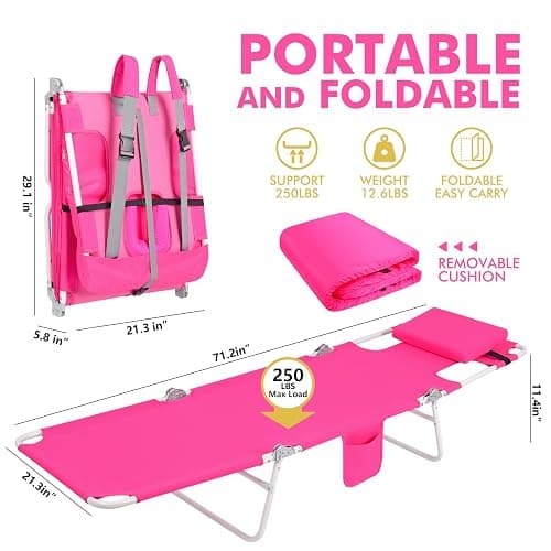 3 in 1 Women Comfort Backpack Beach Tanning Lounge Chair with Cushion Face Hole Softer Padded Adjustable Washable, Layout Sun Chair for Adults Outside Reading Sunbathing Poolside, 6 Position, Pink thumbnail 2