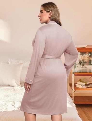 Ekouaer Plus Size Robes for Women Lightweight Bathrobe V Neck Kimono Loungewear Soft Maternity Robes with Pockets 1X-5X thumbnail 4