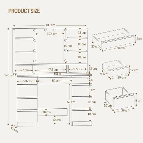 Hzuaneri Dressing Table with Bulb Light, Vanity Desk with 1 Large Drawer and 8 Small Drawer Cabinets, Adjustable Brightness, Large HD Mirror, 9 Open Storage Areas, White DT35703W thumbnail 2