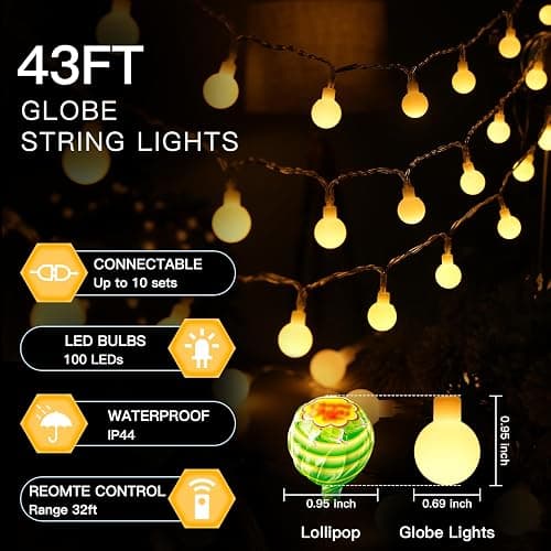 suddus String Lights for Bedroom, 33ft 100 Led Connectable Globe String Lights Indoor, Hanging Fairy Lights Plug in with Remote for Kids Room Dorm Classroom Outdoor Christmas Tree Decor, Warm White - 100 LED CONNECTABLE - PLUG - Warm White thumbnail 4