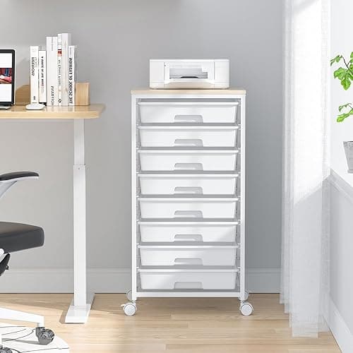 SYKIARIOL Rolling Storage Cart with Drawers,Utility Cart With 8 Drawers and Wooden Tabletop,Rolling Drawer Cart,Storage Drawer Cart for Living Room,Classroom,Bedroom,Bathroom,Dorm,Office,White - White thumbnail 6