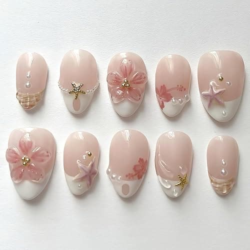 24Pcs White French Tip Press on Nails Medium Almond Hibiscus Fake Nails Beach False Nails 3D Flower Starfish Pearl Gems Designs Full Cover Summer Stick on Nails for Women Acrylic Nail Decorations - Image 1