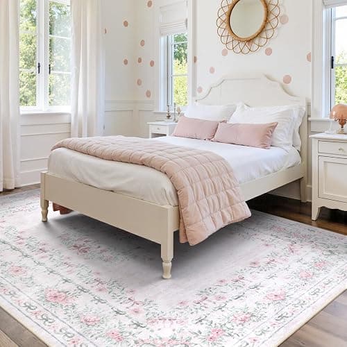 Wonnitar Floral Bow Pink Rug for Bedroom, Washable 5x7 Area Rug for Girls Nursery, Ultra-Thin Non Slip Soft Boho Carpet for Kids Room Dorm Living Room, Light Pink thumbnail 7