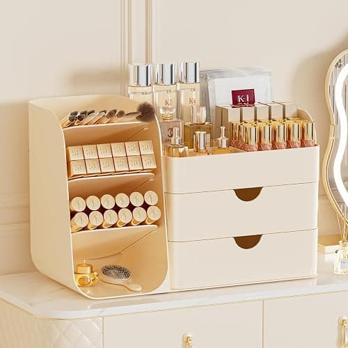 Makeup Organizer with Brush Holder for Vanity,Countertop Makeup Organizer with Drawers,Spacious Cosmetic Display Case,Perfect Storage Solution for Your Beauty Essential (Cream, Large) thumbnail 6