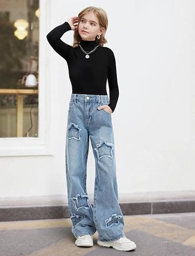Fulihug Jeans for Girls Baggy Wide Leg Cute Bow High Elastic Waisted Denim Pants Y2K Boyfriend Skater Streetwear 7-14Y thumbnail 3