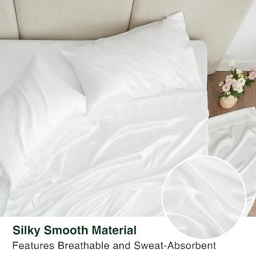 Love's cabin Twin XL Satin Sheet Sets - 3 Piece White Silky Bed Sheets with Deep Pockets, Luxury Silk Feel Satin Sheet Set Twin XL (1 Flat Sheet,1 Fitted Sheet,1 Pillow case) thumbnail 4