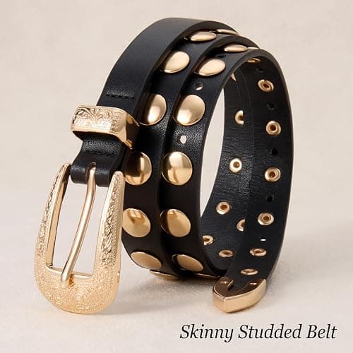 XZQTIVE Women's Punk Studded Skinny Belt – Western Belt with Engraved Buckle for Jeans & Dresses thumbnail 3