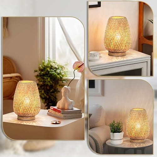 Rattan Table Lamp, Stepless Dimmable Small Beside Lamp, Vintage Wicker Wooden Nightstand Boho Bamboo Woven End Table Lamps for Bedroom Living Room Desk Kids Room, 2700K T45 LED Bulb Included thumbnail 7