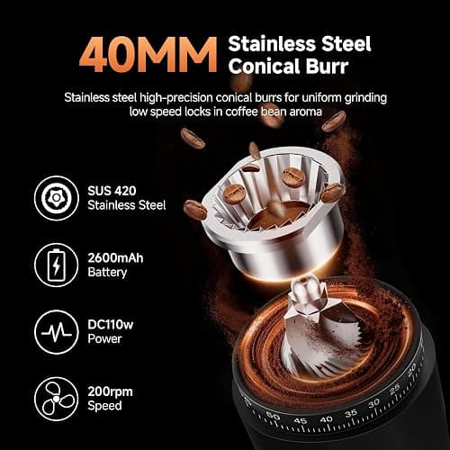 AAOBOSI Coffee Grinder, Cordless Coffee Bean Grinder with 60 Grind Settings,Conical Burr Coffee Grinder Suitable for Indoor Home,Office & Outdoor Camping,Travel Use,Anti-Static,5-98s Timer. thumbnail 5