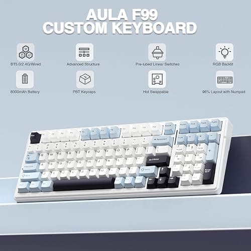 AULA F99 Wireless Mechanical Keyboard, Hot Swappable Custom Keyboard,Pre-lubed Linear Switches,Gasket Structure,RGB Backlit Gaming Keyboard (Blue&White) thumbnail 2