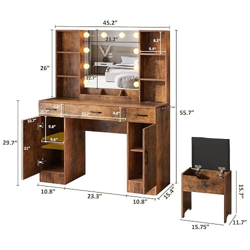 Vabches Makeup Vanity Desk with Lighted Mirror & Power Strip, Large Brown Vanity Table Set Rustic Farmhouse Style with Storage Stool, 3 Lighting Modes, Brightness Adjustable, 45.2in (W) thumbnail 2