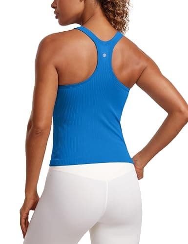 CRZ YOGA Seamless Ribbed Workout Tank Top for Women - Racerback Padded Scoop Neck Athletic Camisoles with Built in Bra - Image 1