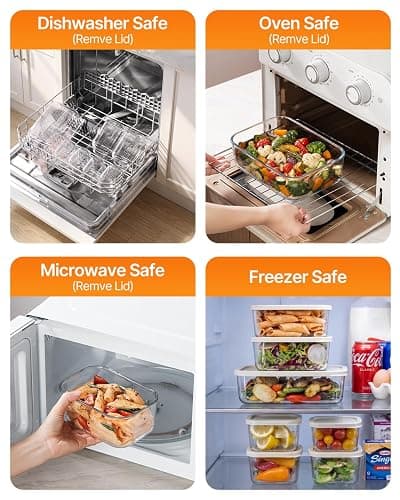 KEMETHY 7 Pack Glass Food Storage Containers with Lids,Stackable BPA Free Glass Meal Prep Containers,Glass Lunch Containers with Lids for Kitchen Storage and Organization- Baking, Microwave, Oven thumbnail 6