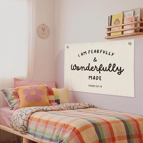 Wheatwin Kids Room Decor - Bible Verse Wall Hanging, 'I am Fearfully and Wonderfully Made' Linen Banner, Canvas Decoration for Classroom, Nursery, Kids Room - Psalm 139:14 thumbnail 6