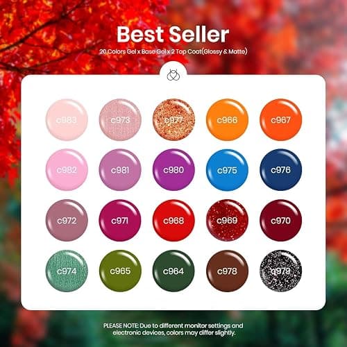 Beetles Fall Gel Nail Polish Set - Fall Yard Gel Polish Kit, 20 Color Orange Burgundy Red Navy Blue Glitter, Soak Off LED UV with Base Top Coat Nail Art Manicure Gift for Women thumbnail 2